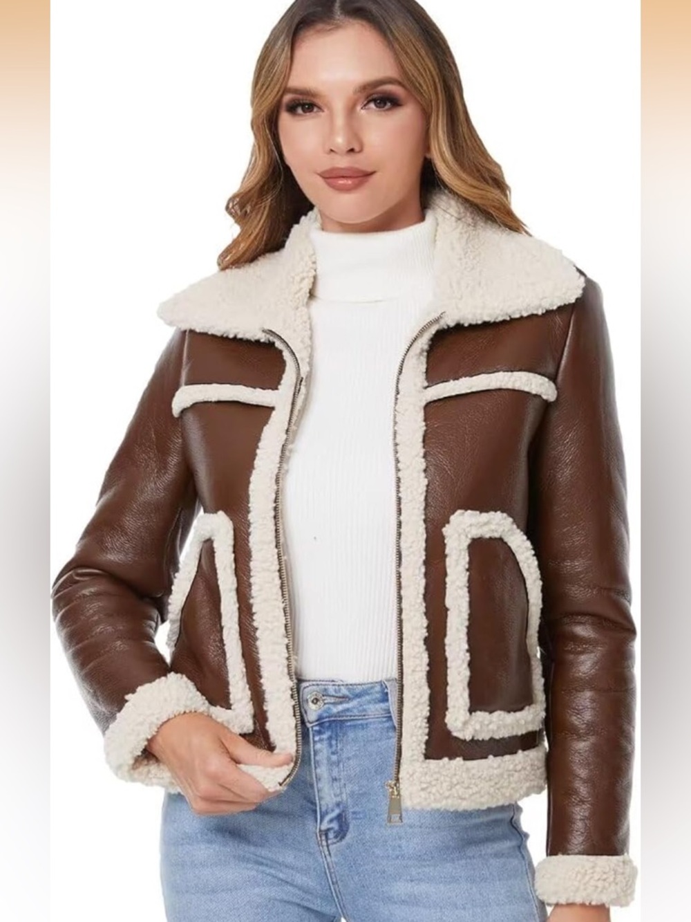 NWT Faux Shearing Fur Coat Thick Fur Lined Faux Leather Jacket